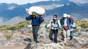"Ethical Kilimanjaro hiking operator supporting porters on Lemosho route