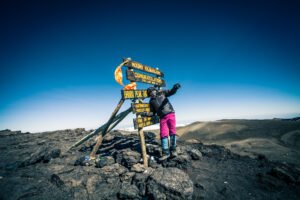 "View of Uhuru Peak, the summit of Mount Kilimanjaro, under a clear blue sky